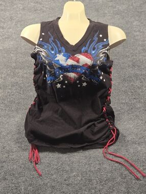 Rebel Saints Patriotic Heart Wings‎ Lace Up Side Graphic Tank Top Black Size M